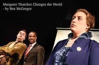 Conor Cook (Les), Robert Anthony (Tomas) & Yvette Bruin (Margaret) in Margaret Thatcher Changes the World, British Theatre Challenge, Sky Blue Theatre Company, Lost Theatre, London, October 23, 2015