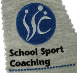 Logo and text on left breast.