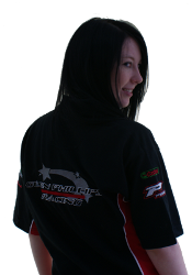 Logo and text on left breast.