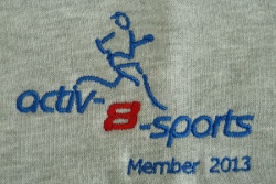 Logos on sleeve and back.
